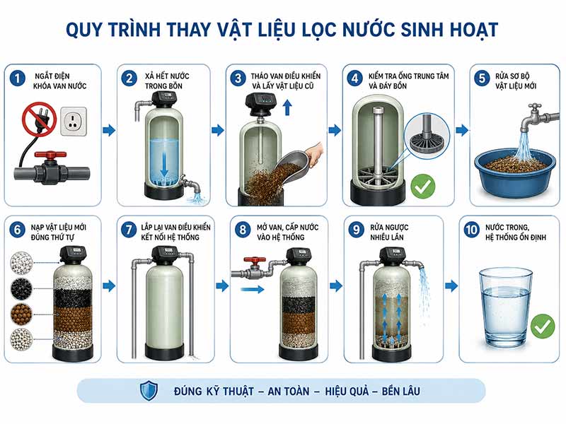 Thay Vật Liệu Lọc Nước Sinh Hoạt: Giải Pháp Duy Trì Nguồn Nước Sạch Ổn Định Và An Toàn