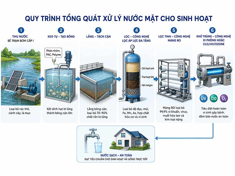 Giải pháp xử lý nước mặt cho sinh hoạt: Quy trình và công nghệ hiện đại