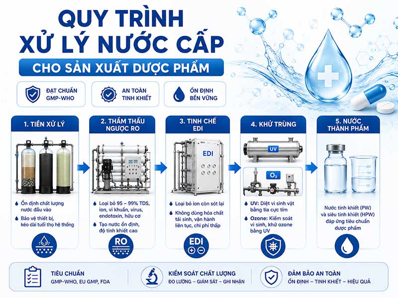 Xử lý nước cấp cho sản xuất dược phẩm: Tiêu chuẩn, công nghệ và giải pháp tối ưu