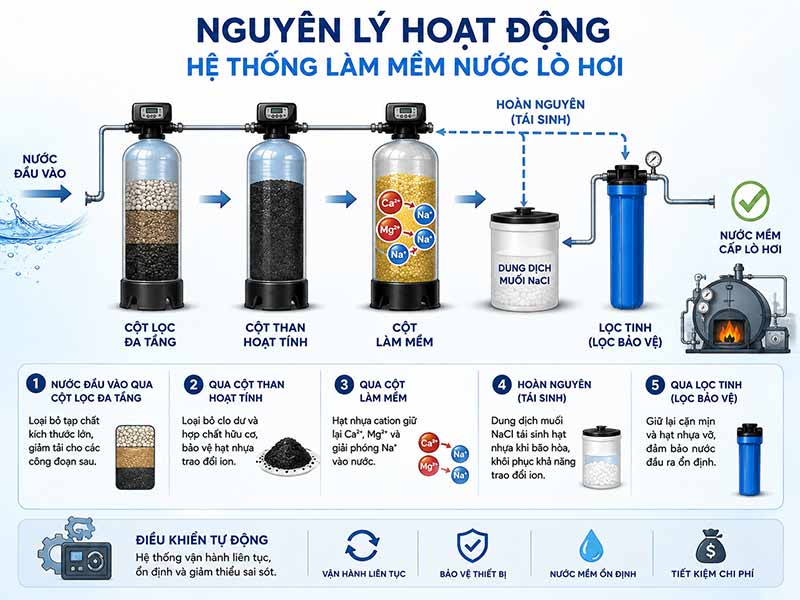 Hệ thống làm mềm nước lò hơi – Giải pháp kiểm soát độ cứng, tối ưu vận hành và kéo dài tuổi thọ thiết bị
