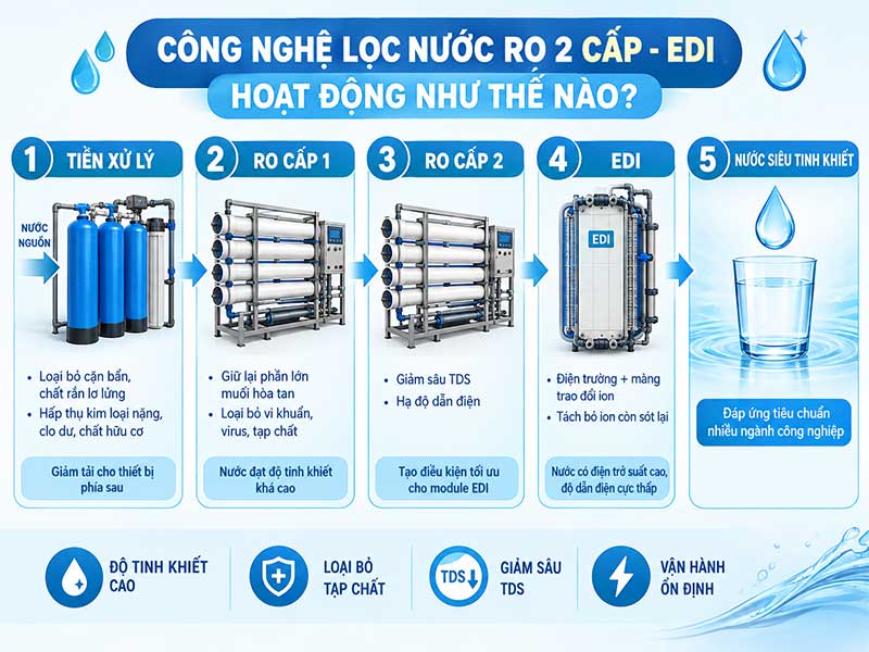 Công Nghệ Lọc Nước RO 2 Cấp - EDI - Giải Pháp Tạo Nguồn Nước Siêu Tinh Khiết Cho Công Nghiệp